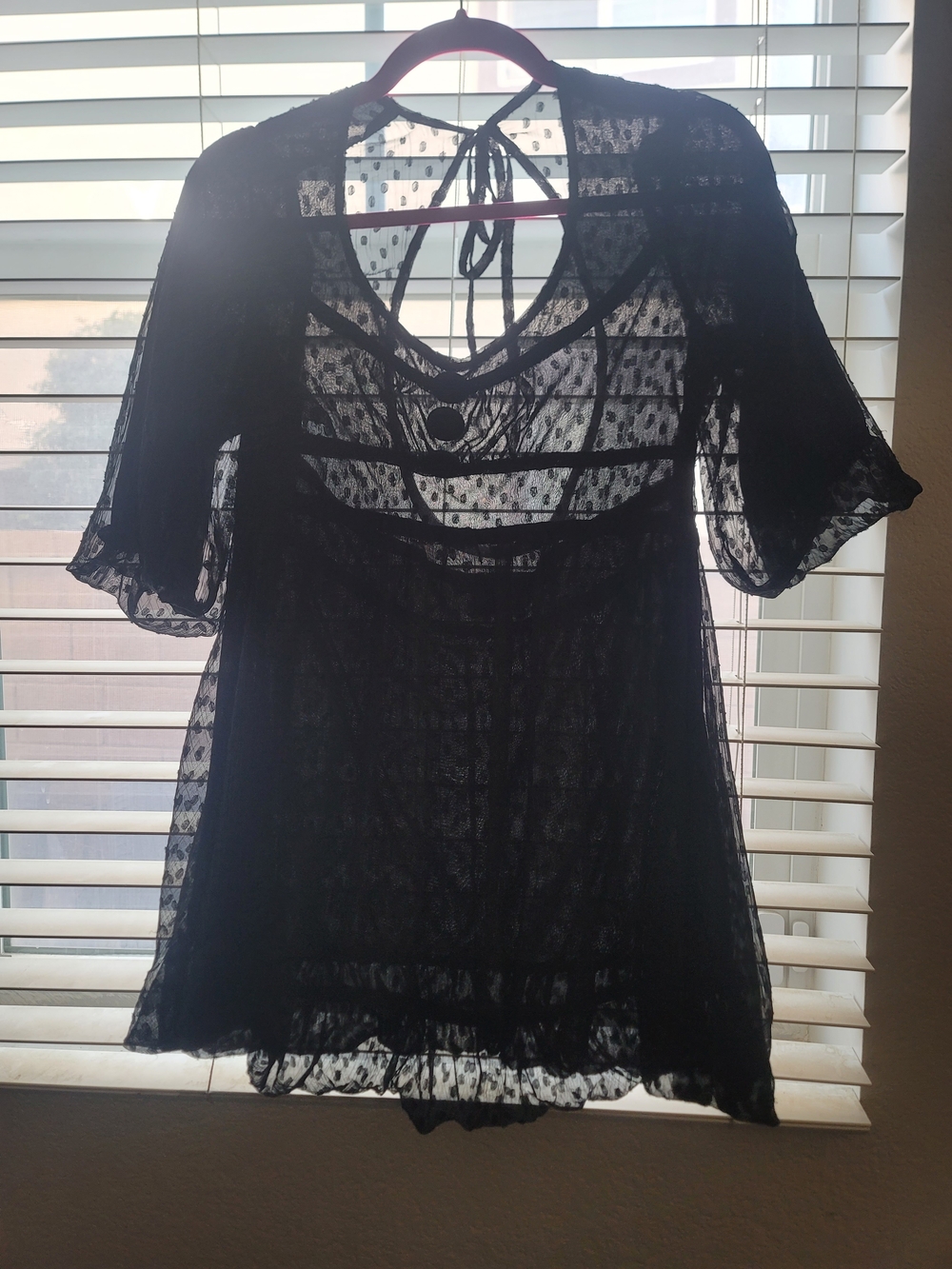 Grifflin Paris Sheer Black Lace Tie-Back Blouse